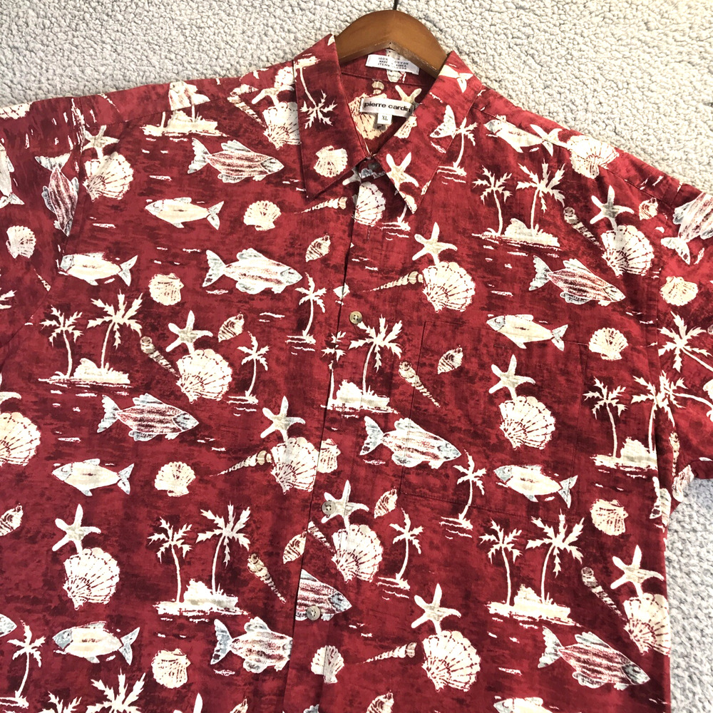 Pierre Cardin Men's Red Hawaiian Shirt Seashell Fish Button Up Short Sleeve XL